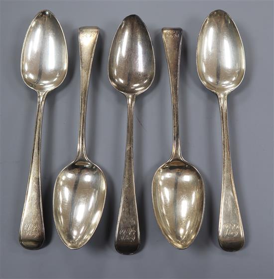 A set of four George III silver Old English pattern table spoons, London, 1792 and a later Victorian silver spoon, 11.5 oz.
